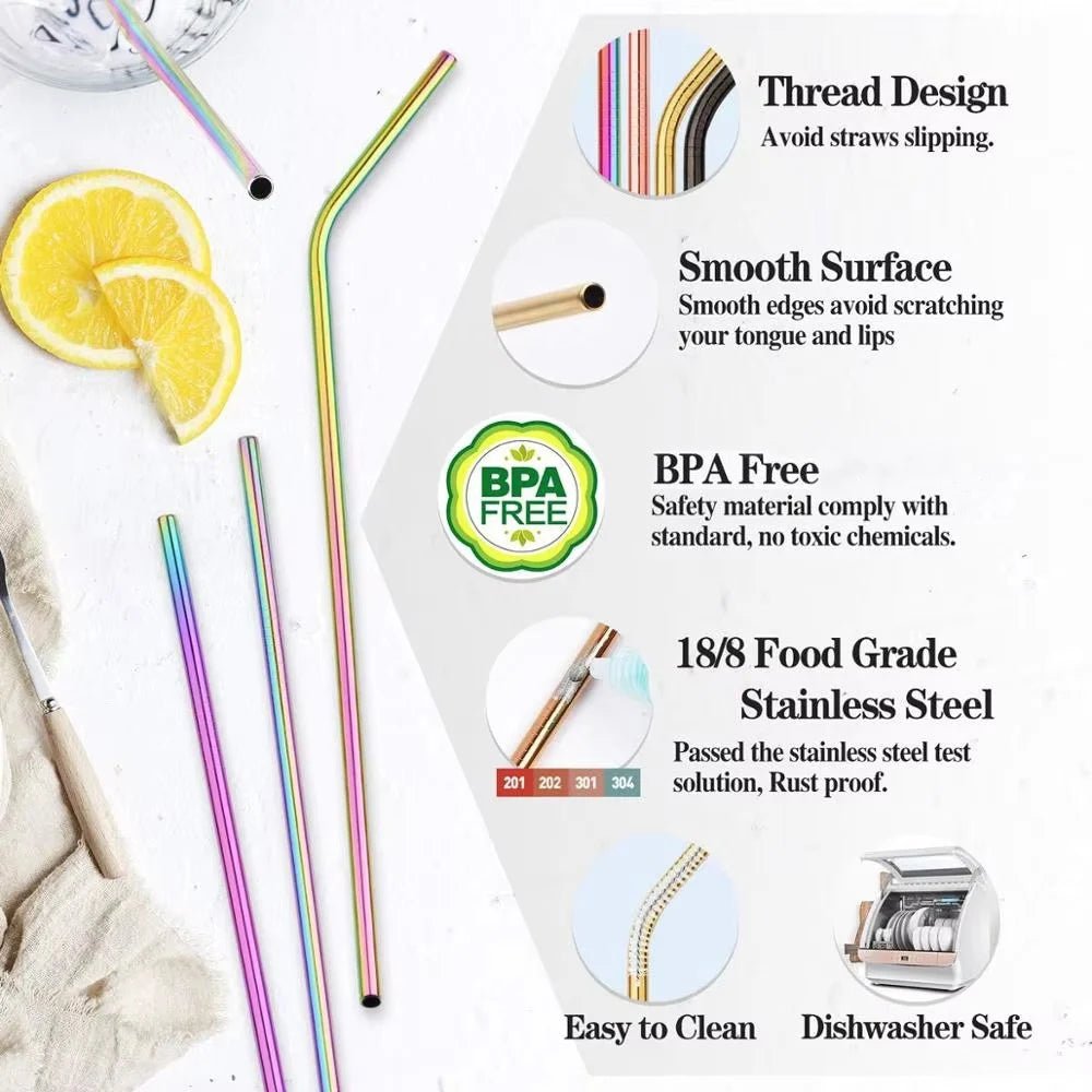 Upors 304 Stainless Steel Reusable Straws Straight and Bent Set with Brush Pouch