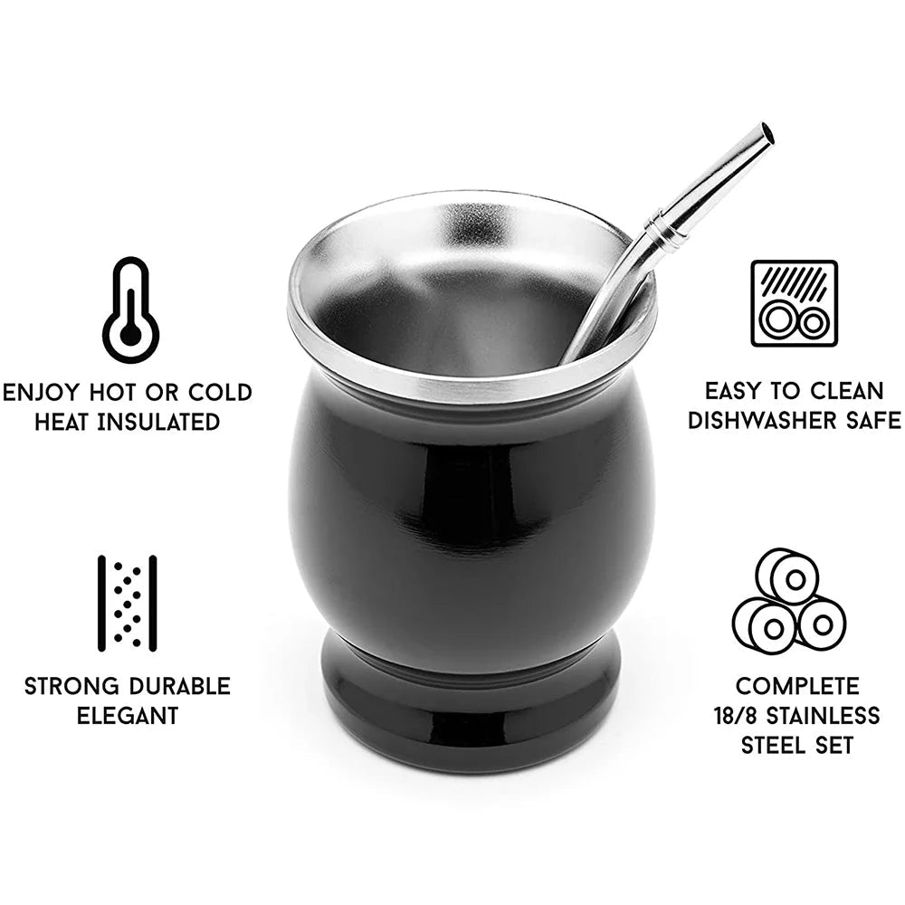 Upors Yerba Mate Cup 304 Stainless Steel Wall 8ozs With Bombillas Cleaning Brush