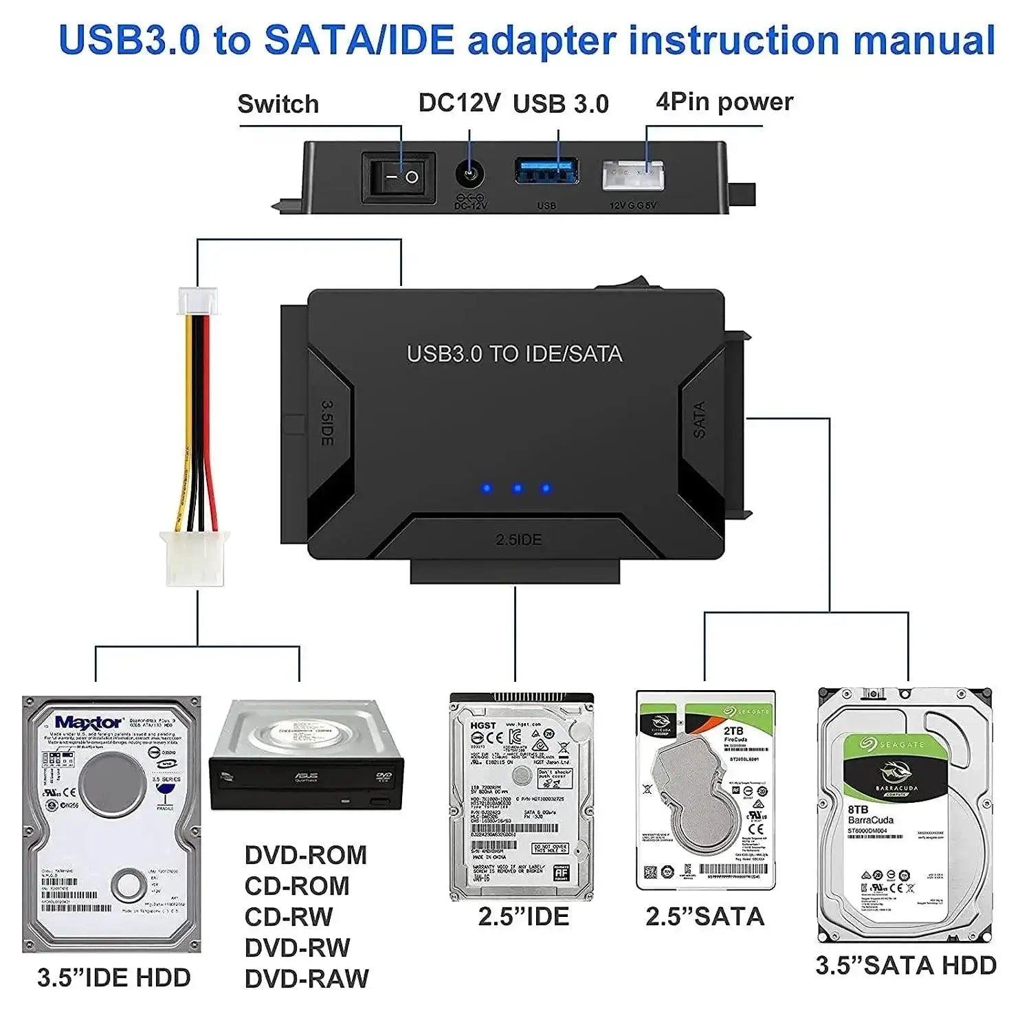 USB 3.0 SATA IDE Adapter Cable For Fast Data Transfer
