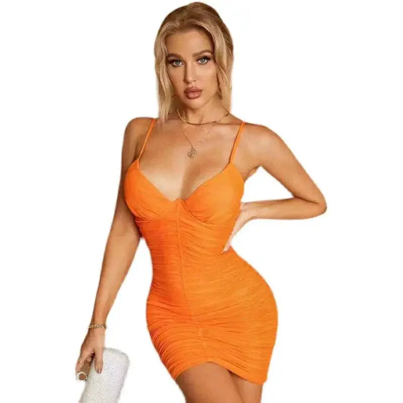 V Neck Mesh Party Dress Chic Hip Wrapped Style Design
