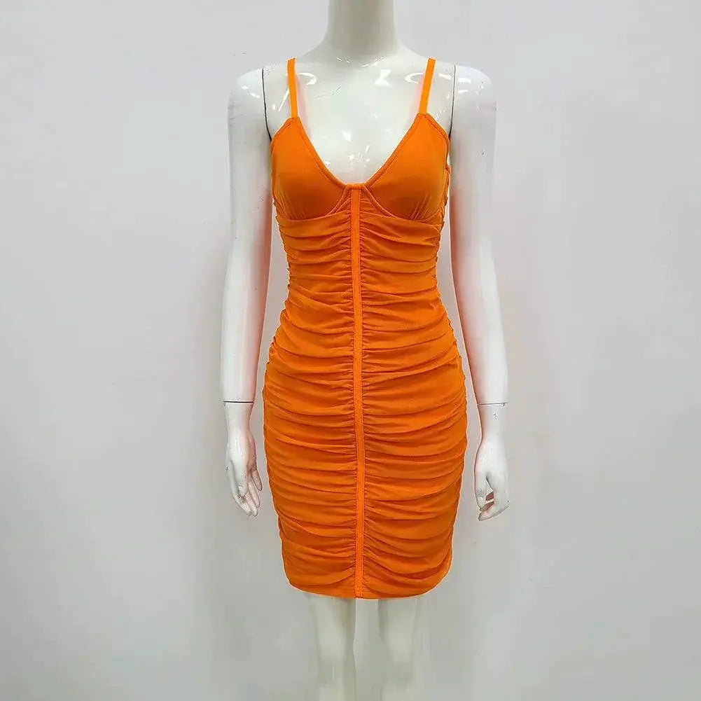 V Neck Mesh Party Dress Chic Hip Wrapped Style Design