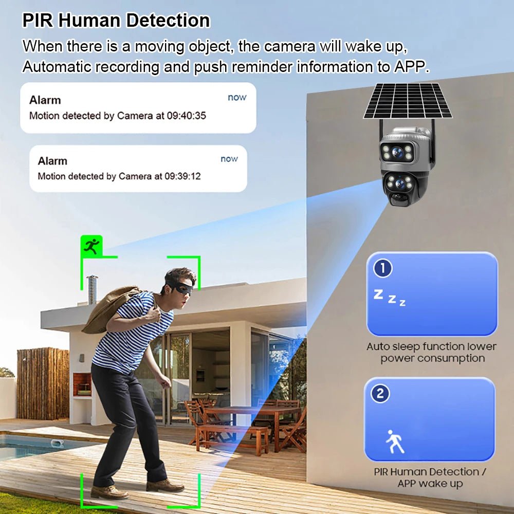 V380 Dual Lens 4G Solar Camera IR Detection Night Vision Waterproof Security Cams