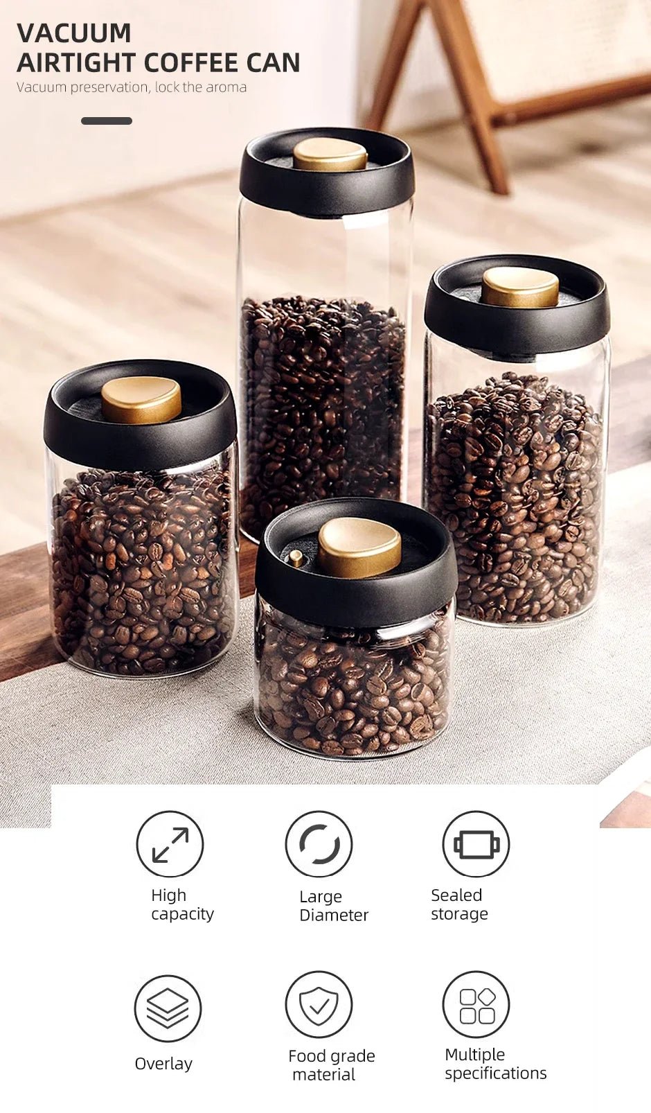 Vacuum Sealed Glass Jar For Coffee Beans Tea Storage 500ml 900ml 1800ml