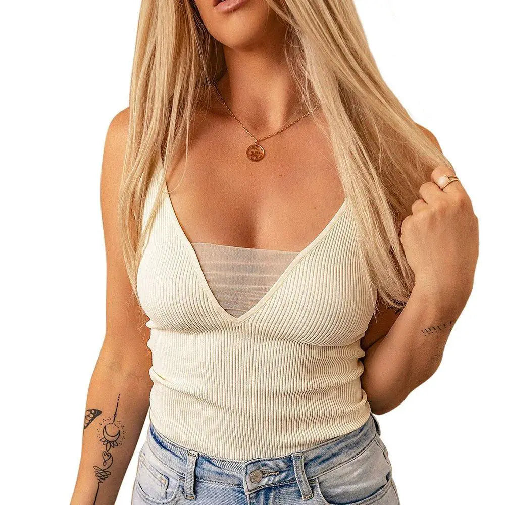 Camisole Vest Stitching Slim V Neck Sleeveless Pullover