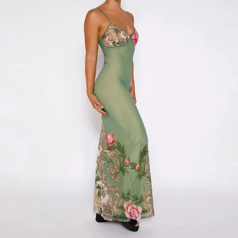 Vibrant Floral Suspender Dress For Summer Beach Parties