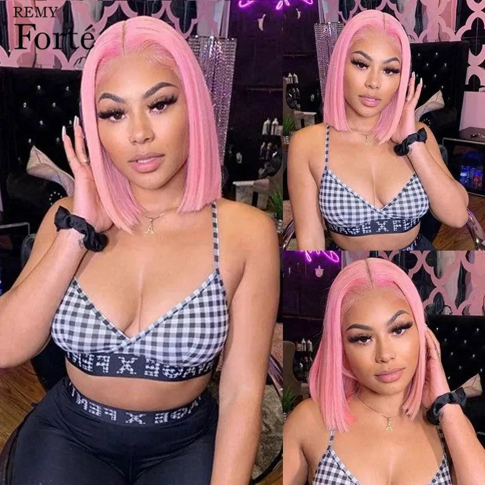 Vibrant Pink Bob Lace Front Wig Blonde Straight Hair