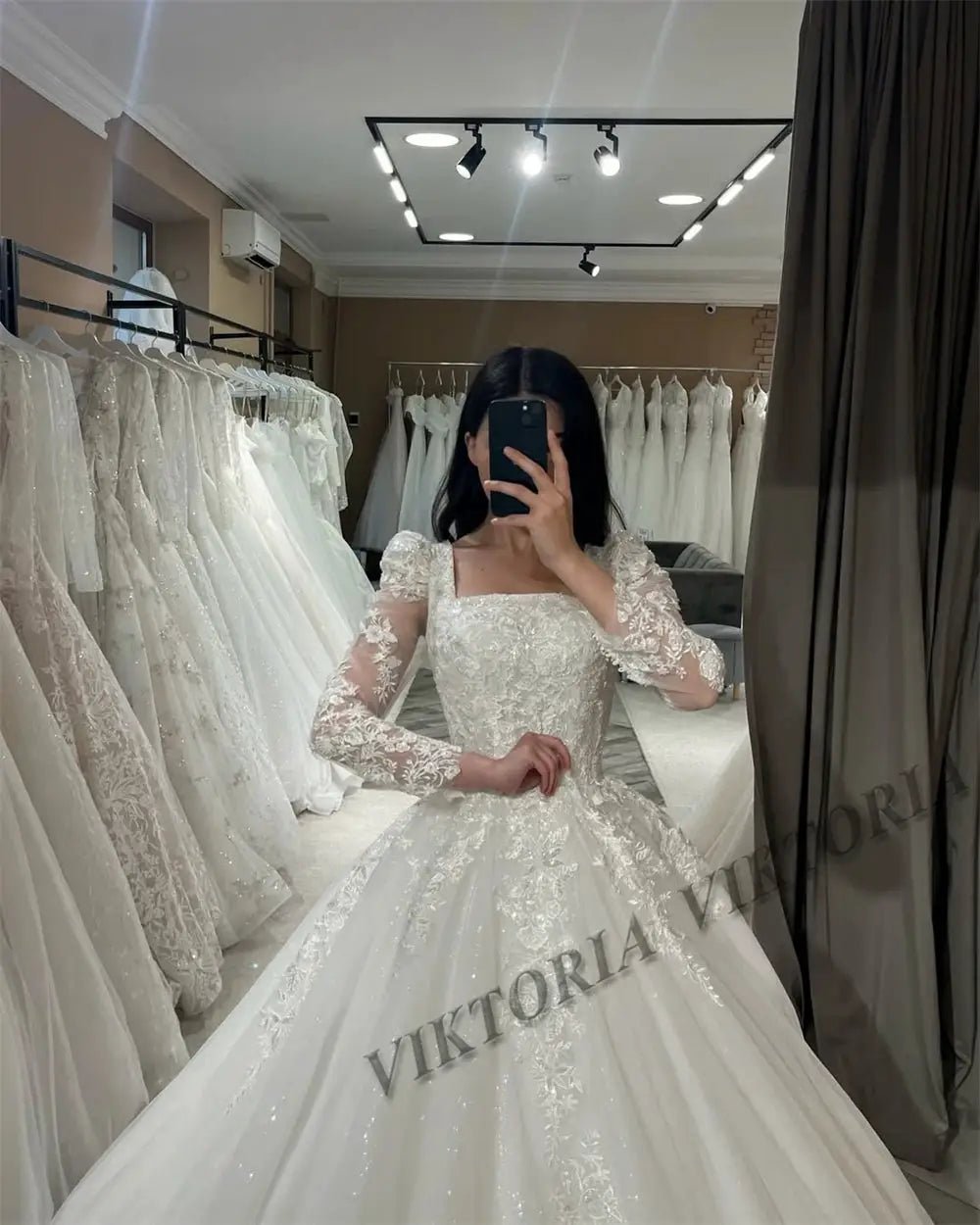 Viktoria Classic Square Collar Wedding Dress With Long Sleeves And Lace Up Back