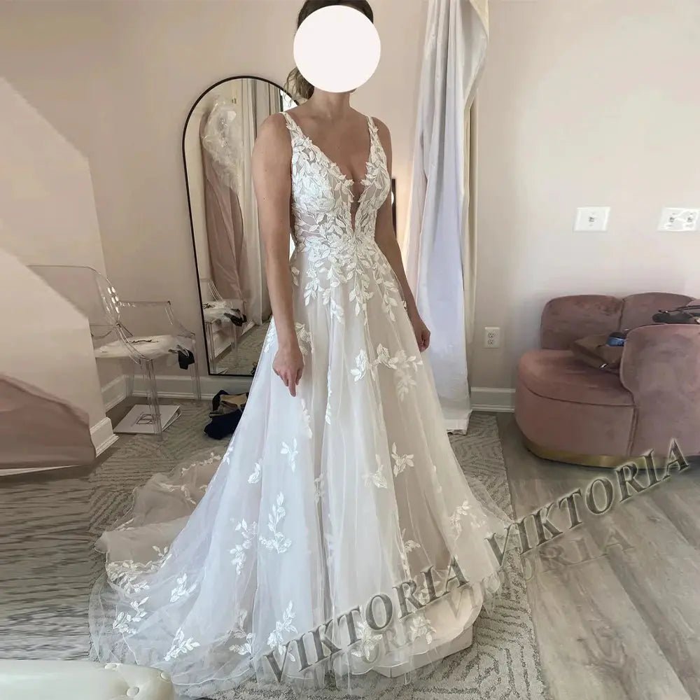 Viktoria Classic Square Collar Wedding Dress With Long Sleeves And Lace Up Back