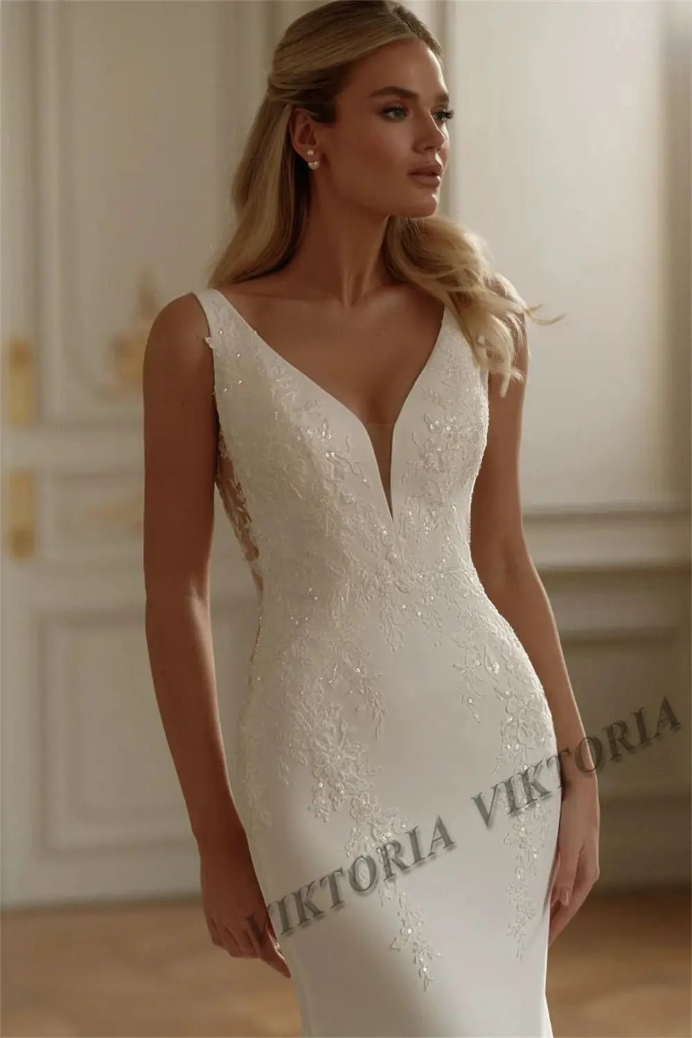 Viktoria Mermaid Wedding Dress Satin V Neck Backless Sleeveless Gown For Bride