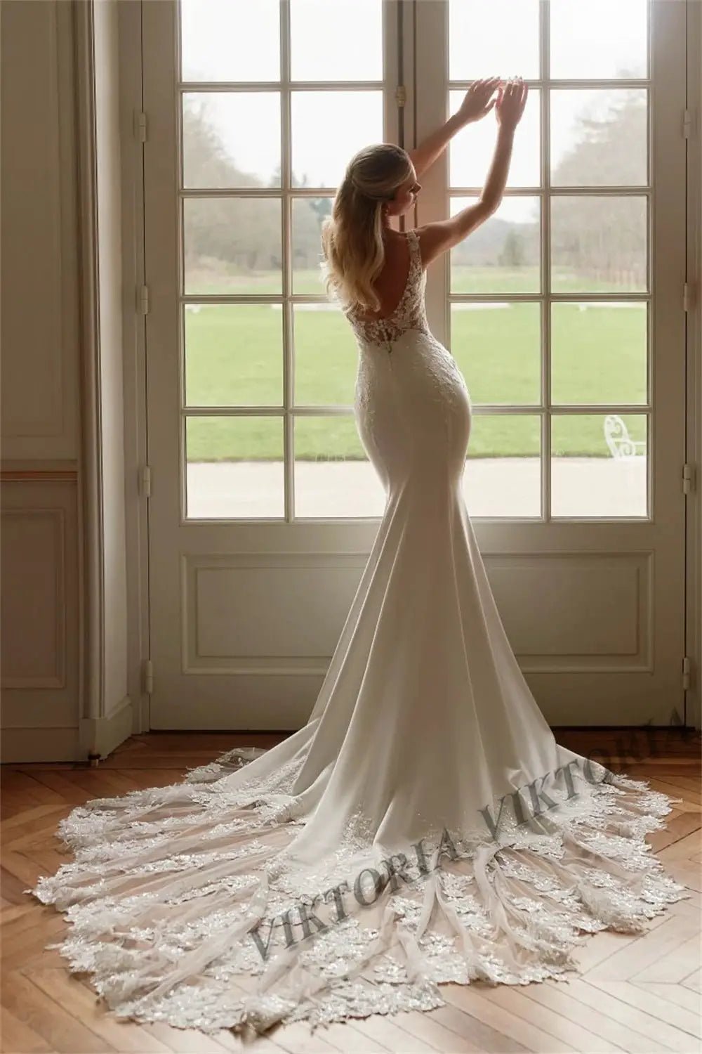 Viktoria Mermaid Wedding Dress Satin V Neck Backless Sleeveless Gown For Bride