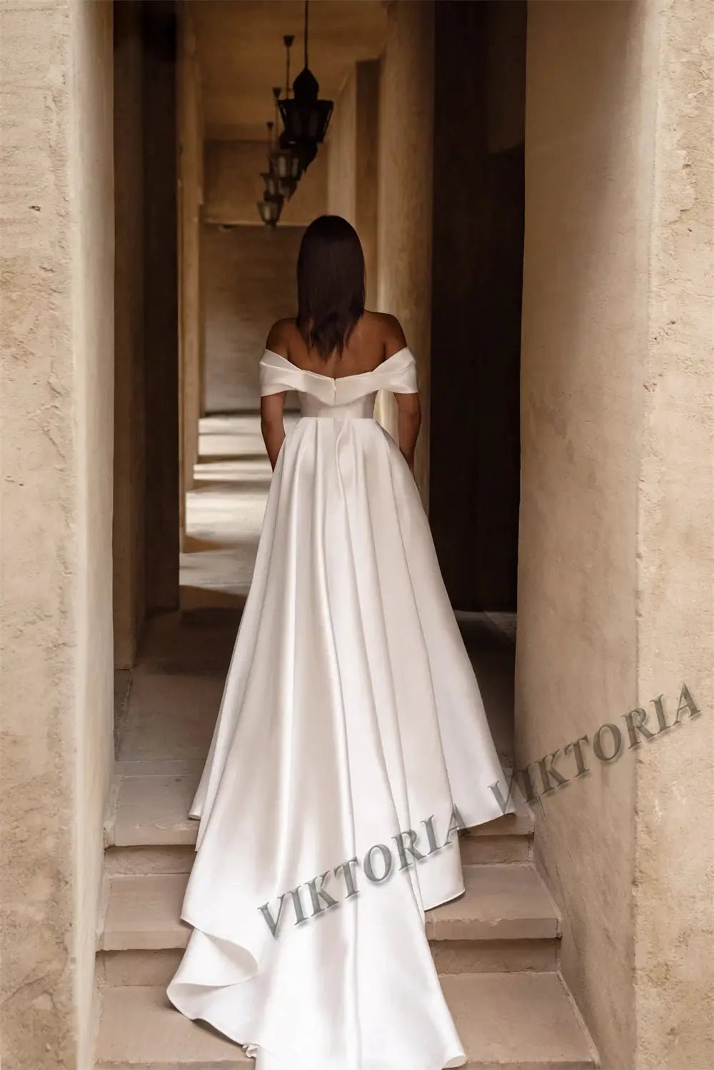 Viktoria Satin Slit Wedding Dress Off Shoulder Pearls A Line Bridal Gown Elegant