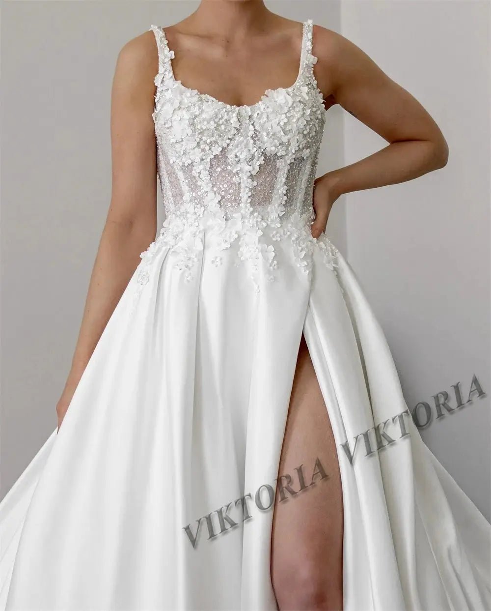 Viktoria Satin Wedding Dress Bride Sleeveless Slit Sweetheart Timeless Elegance