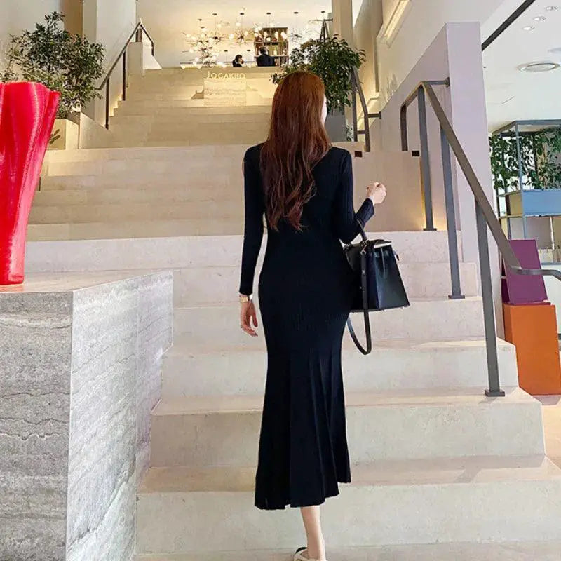 Vintage Korean Maxi Dress Chic Mermaid Style Elegance