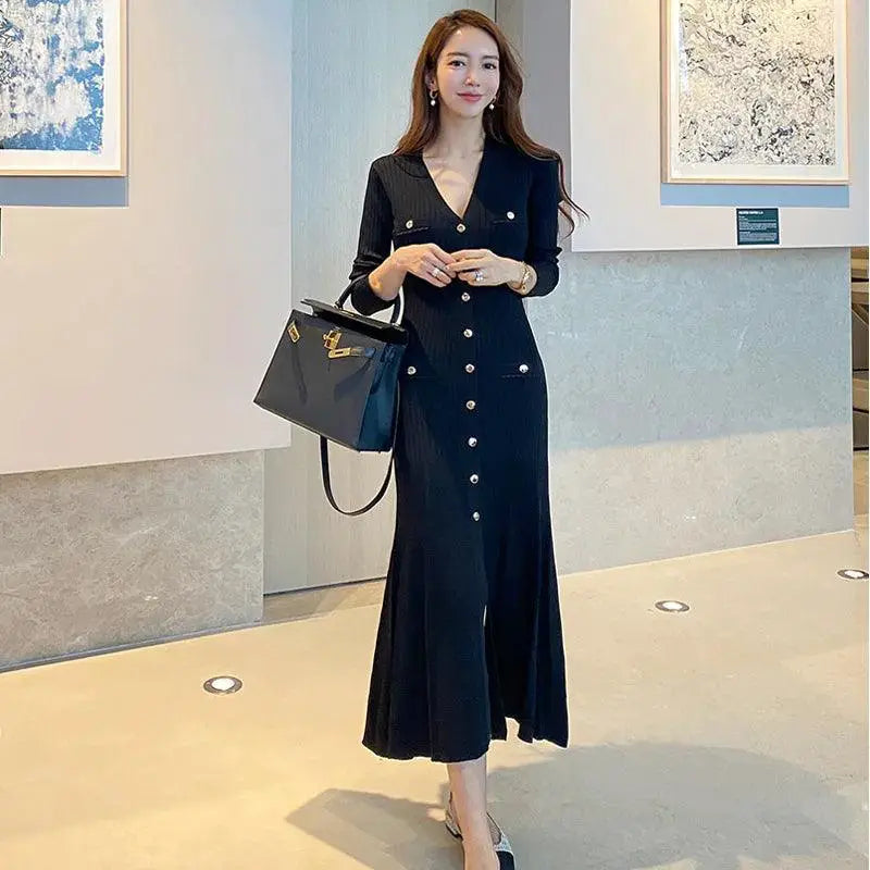 Vintage Korean Maxi Dress Chic Mermaid Style Elegance