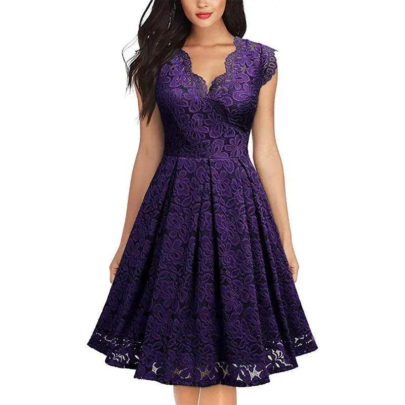 Vintage Lace V Neck Cocktail Dress For Women Elegant Fashion