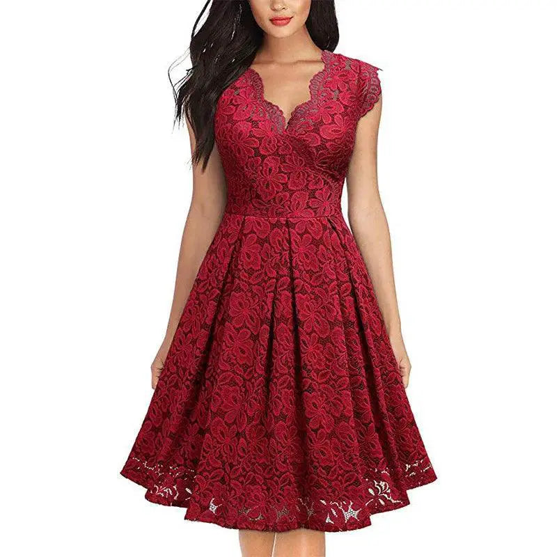 Vintage Lace V Neck Cocktail Dress For Women Elegant Fashion
