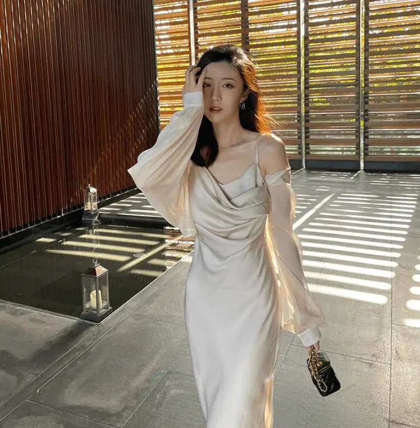 Vintage Satin Niche Dress Elegant A Line Womens Fashion