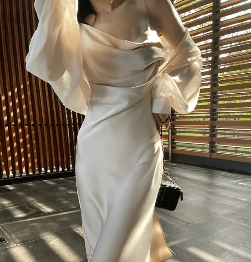 Vintage Satin Niche Dress Elegant A Line Womens Fashion