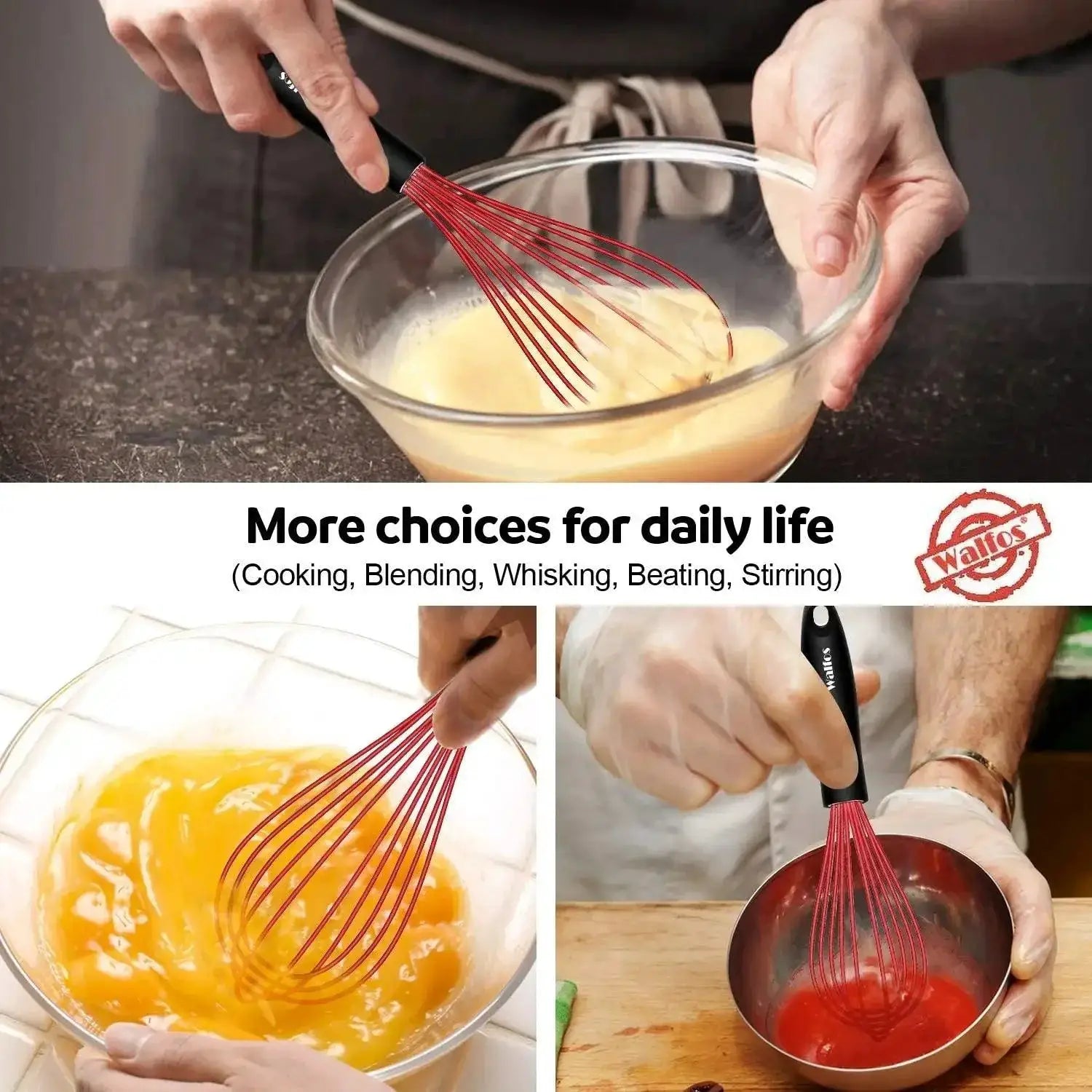Walfos 8 Inch Red Silicone Whisk Heat Resistant Tool