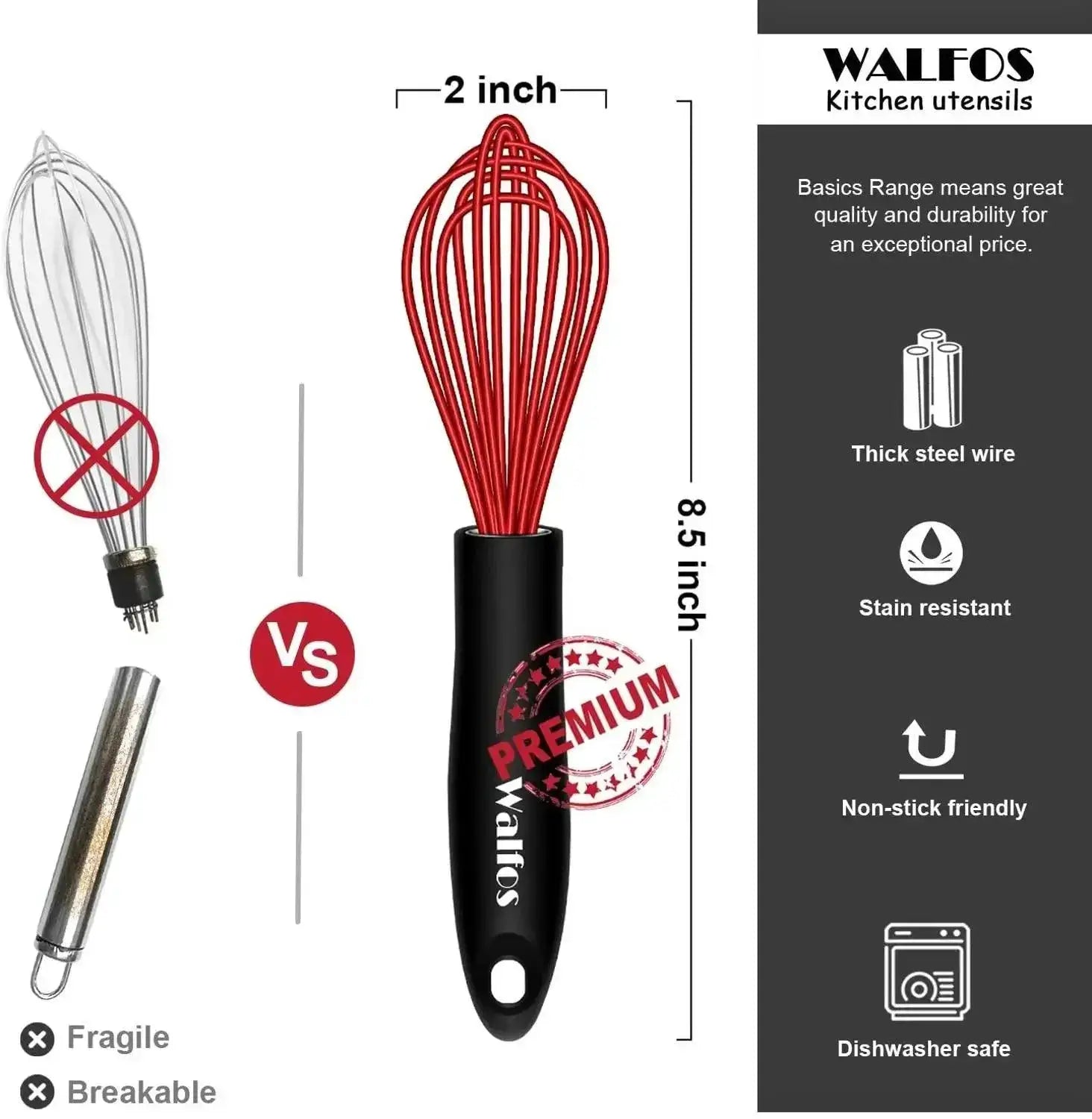 Walfos 8 Inch Red Silicone Whisk Heat Resistant Tool