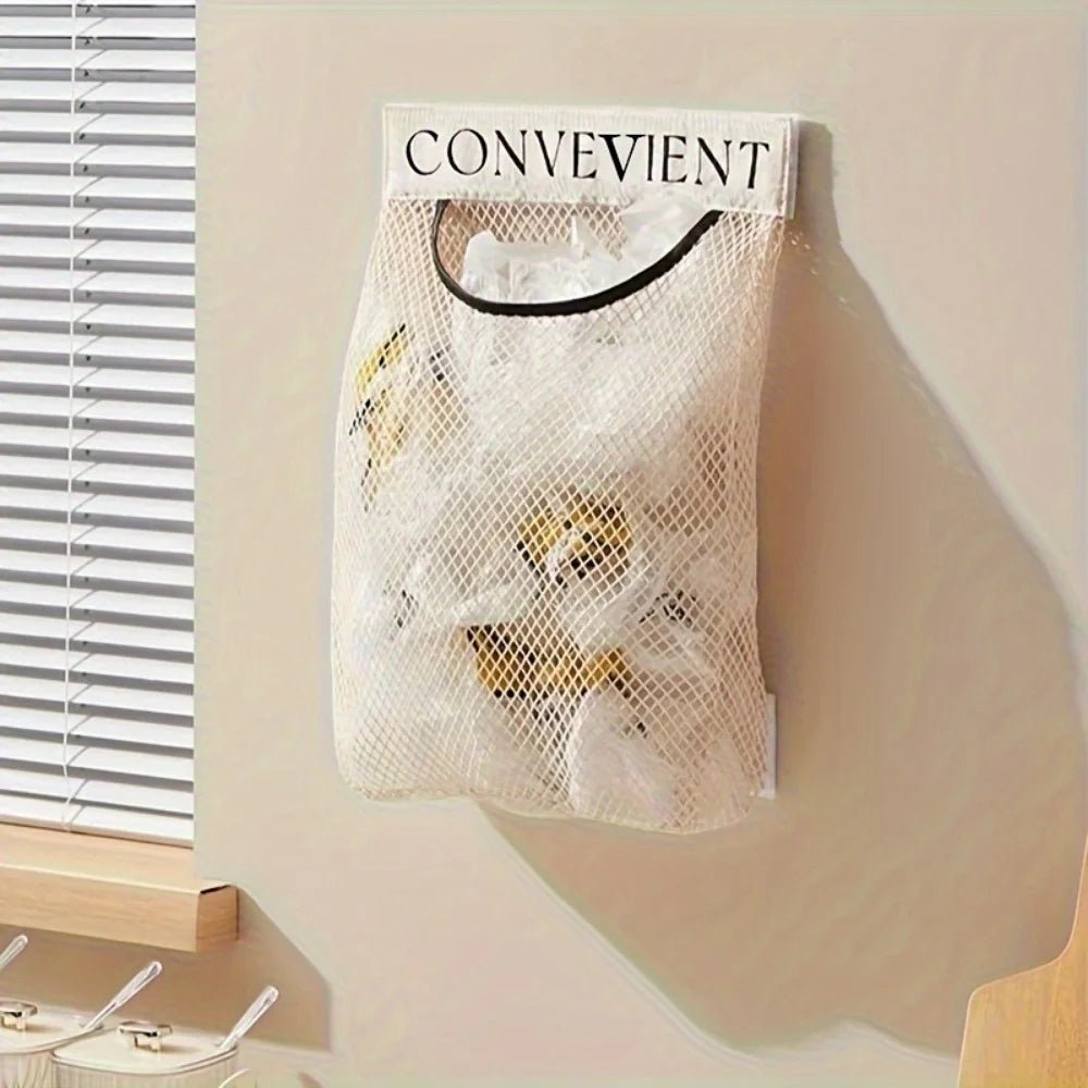 Wall Mounted Plastic Bag Organizer With Reusable Net Bag For Kitchen StorageArea