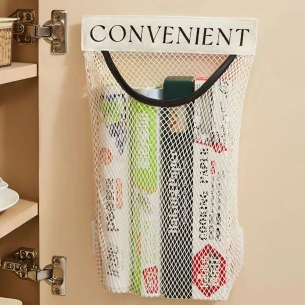 Wall Mounted Plastic Bag Organizer With Reusable Net Bag For Kitchen StorageArea