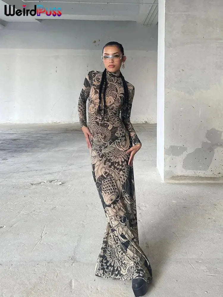 Weird Puss Mesh Maxi Dress Autumn Y2K Fashion Statement