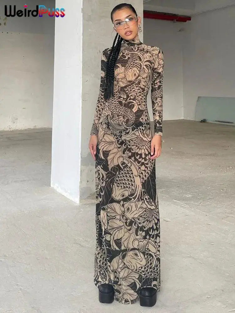 Weird Puss Mesh Maxi Dress Autumn Y2K Fashion Statement