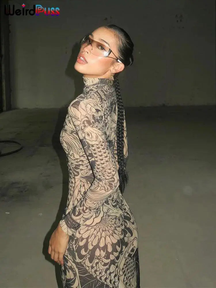 Weird Puss Mesh Maxi Dress Autumn Y2K Fashion Statement