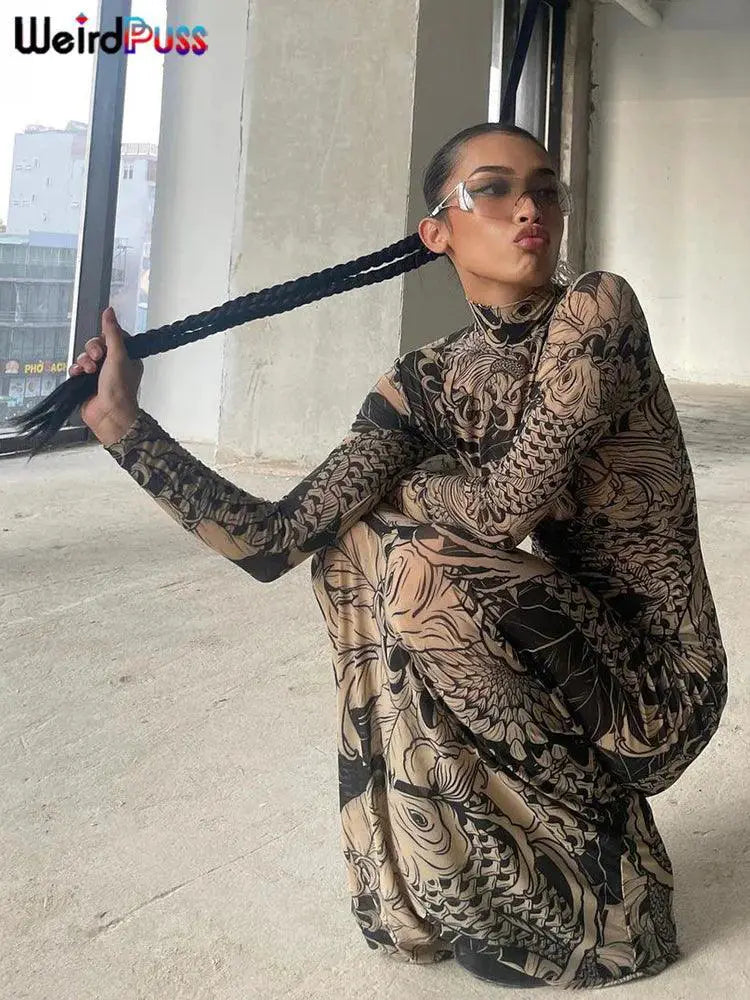 Weird Puss Mesh Maxi Dress Autumn Y2K Fashion Statement