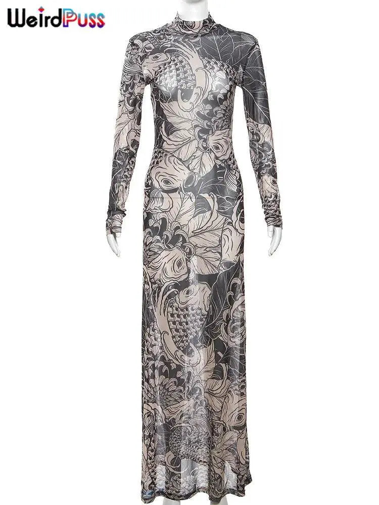 Weird Puss Mesh Maxi Dress Autumn Y2K Fashion Statement