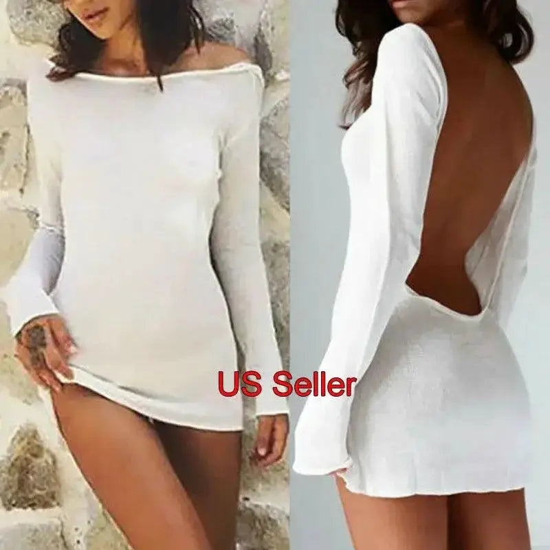 White Backless Evening Party Dress With Long Sleeve Mini