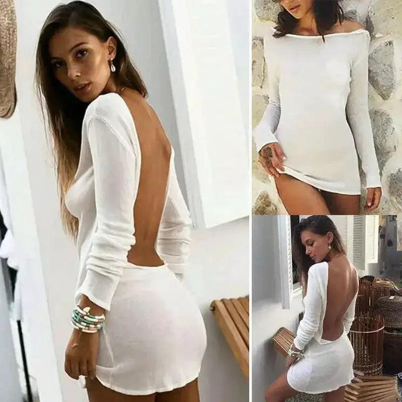 White Backless Evening Party Dress With Long Sleeve Mini