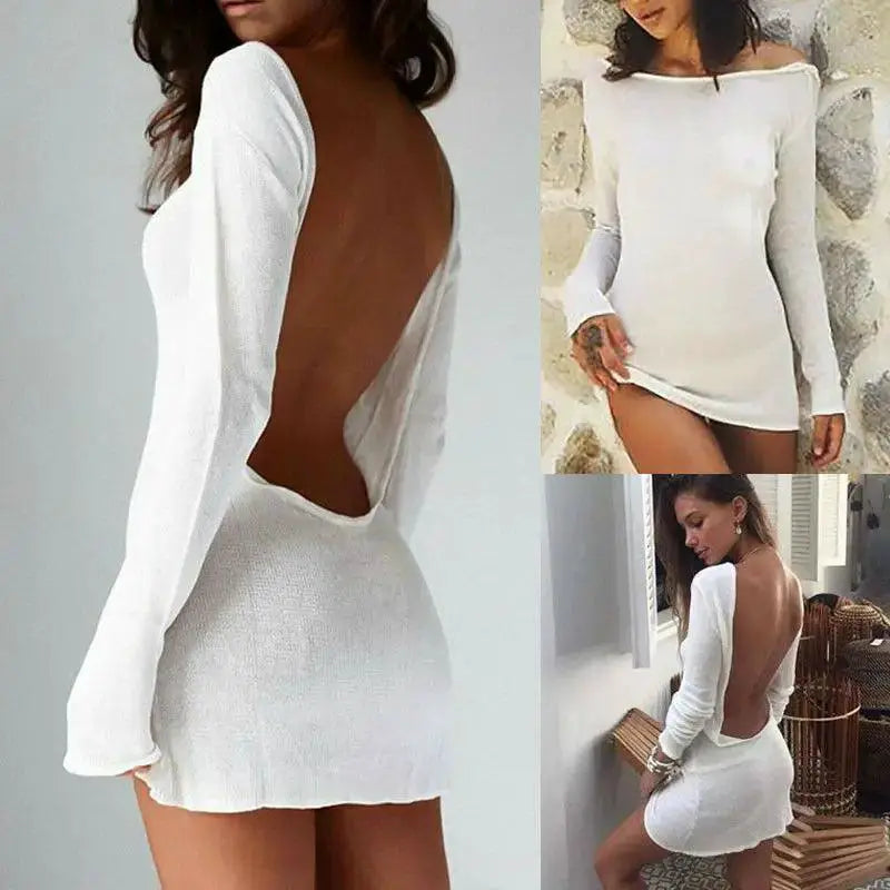 White Backless Evening Party Dress With Long Sleeve Mini