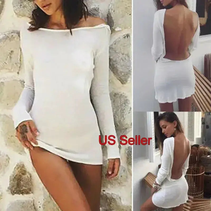 White Backless Evening Party Dress With Long Sleeve Mini