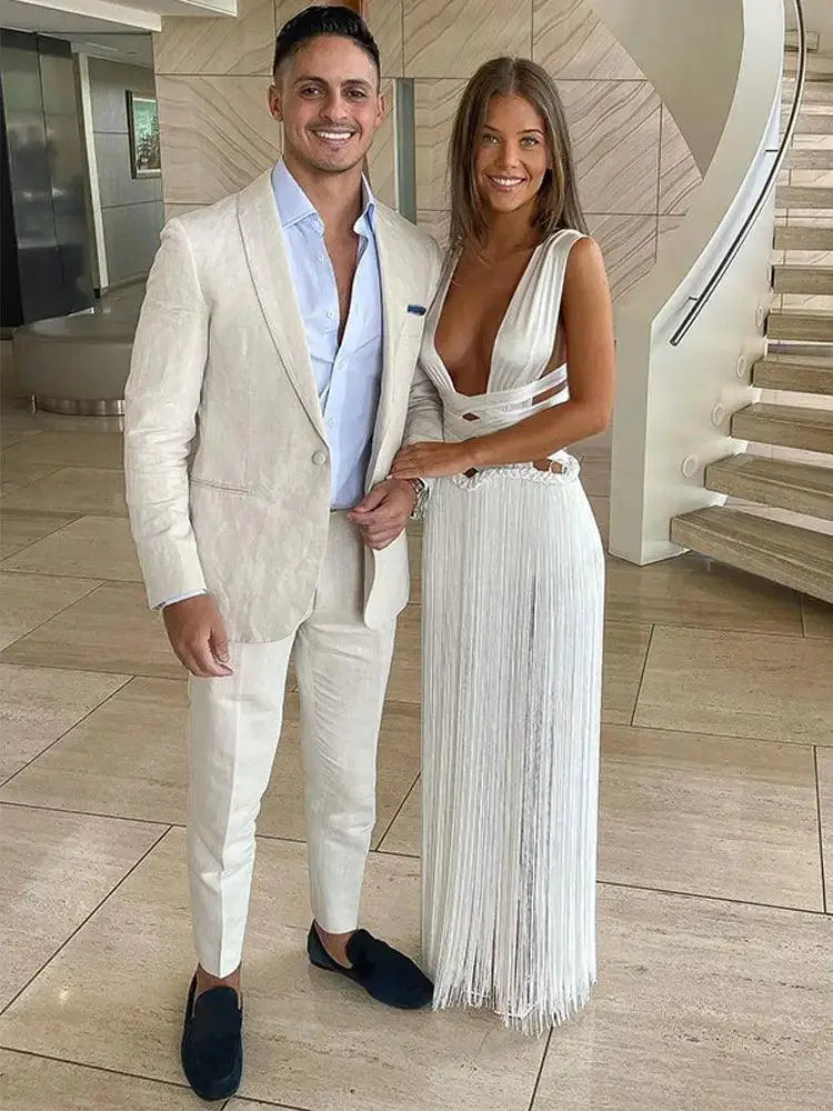 White Bandage Tassel Off Shoulder Beach Party Gown