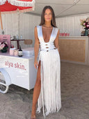 White Bandage Tassel Off-Shoulder Beach Party Gown