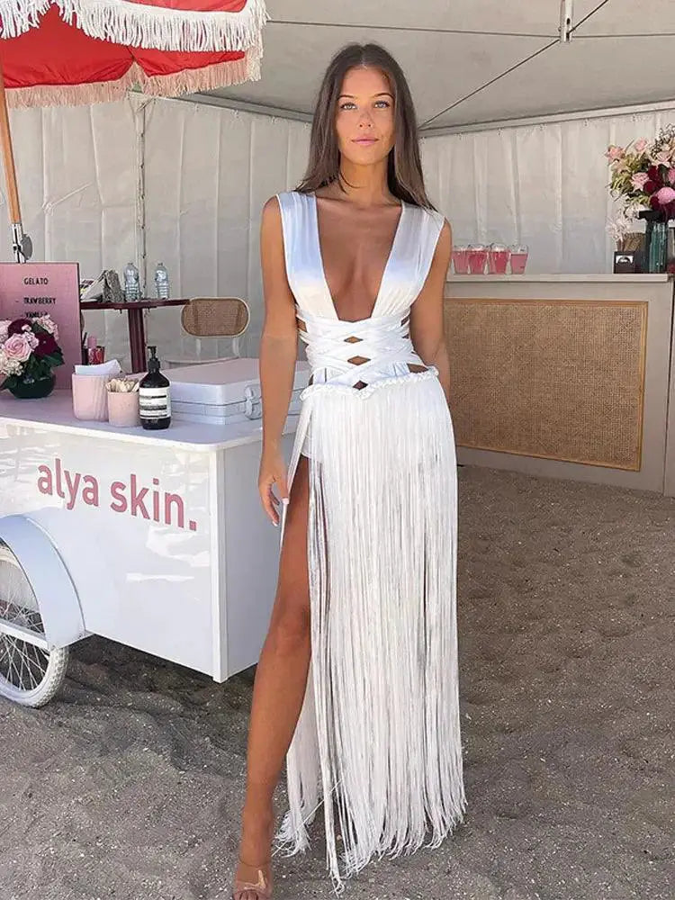White Bandage Tassel Off Shoulder Beach Party Gown