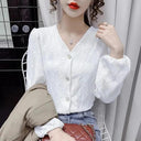 White Jacquard Stitched Shirt Stylish Office Lady Blouse