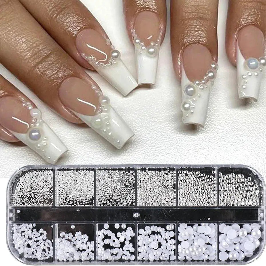 White Pearl Nail Art Rhinestones Set for DIY Nails