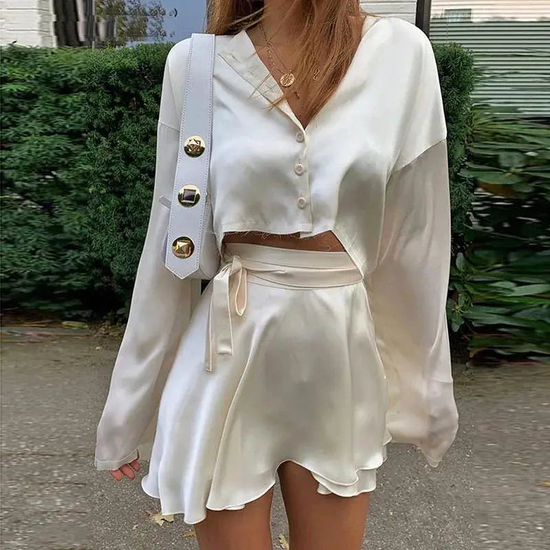 White Satin Chic Two Piece Set Skirt Top Elegant Comfort Fit