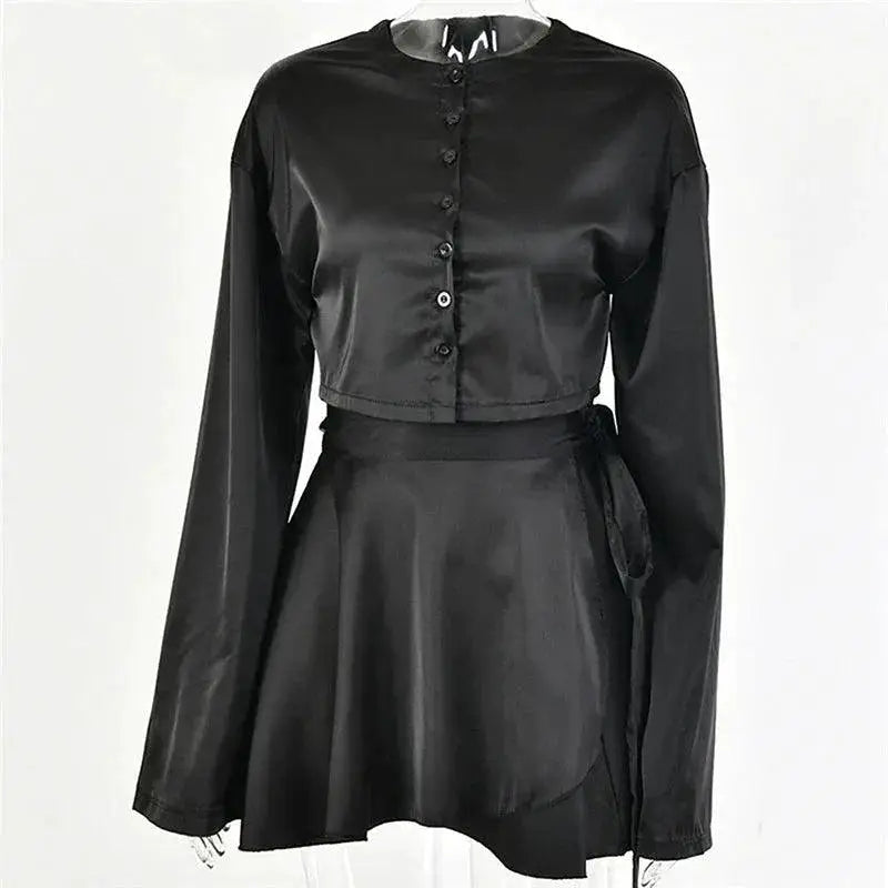 White Satin Chic Two Piece Set Skirt Top Elegant Comfort Fit