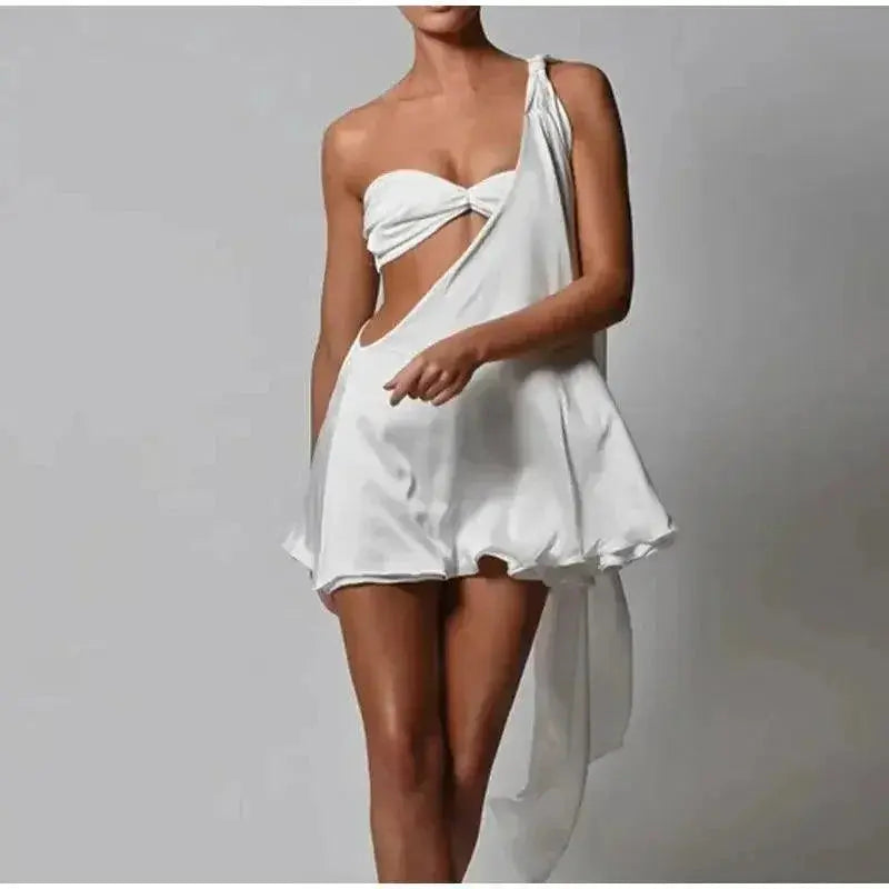 White Satin Off Shoulder Dress Backless Vest Summer Clubwear
