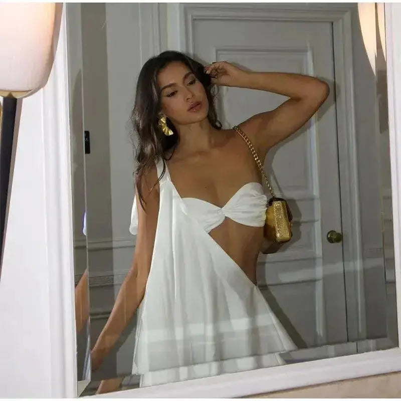 White Satin Off Shoulder Dress Backless Vest Summer Clubwear