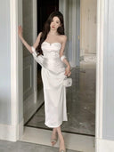 White Silky Satin Off-Shoulder Dress Elegant Banquet Attire