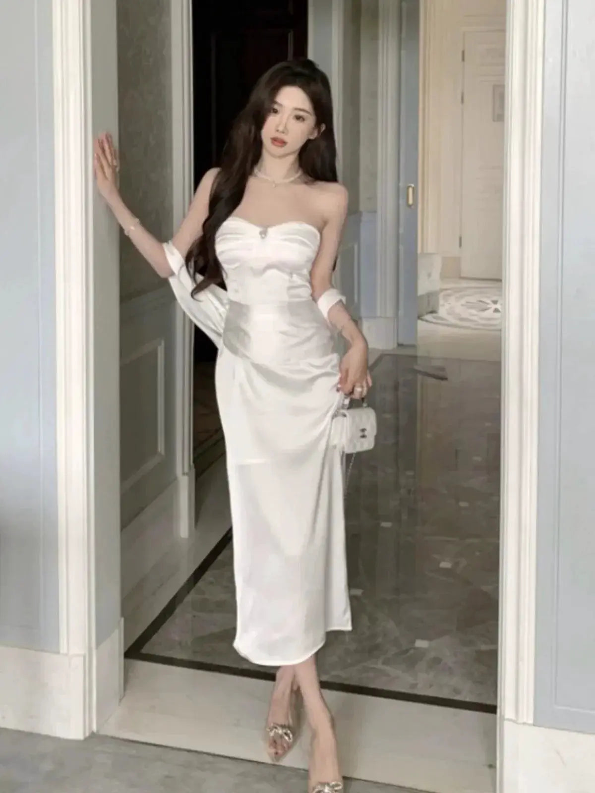 White Silky Satin Off Shoulder Dress Elegant Banquet Attire