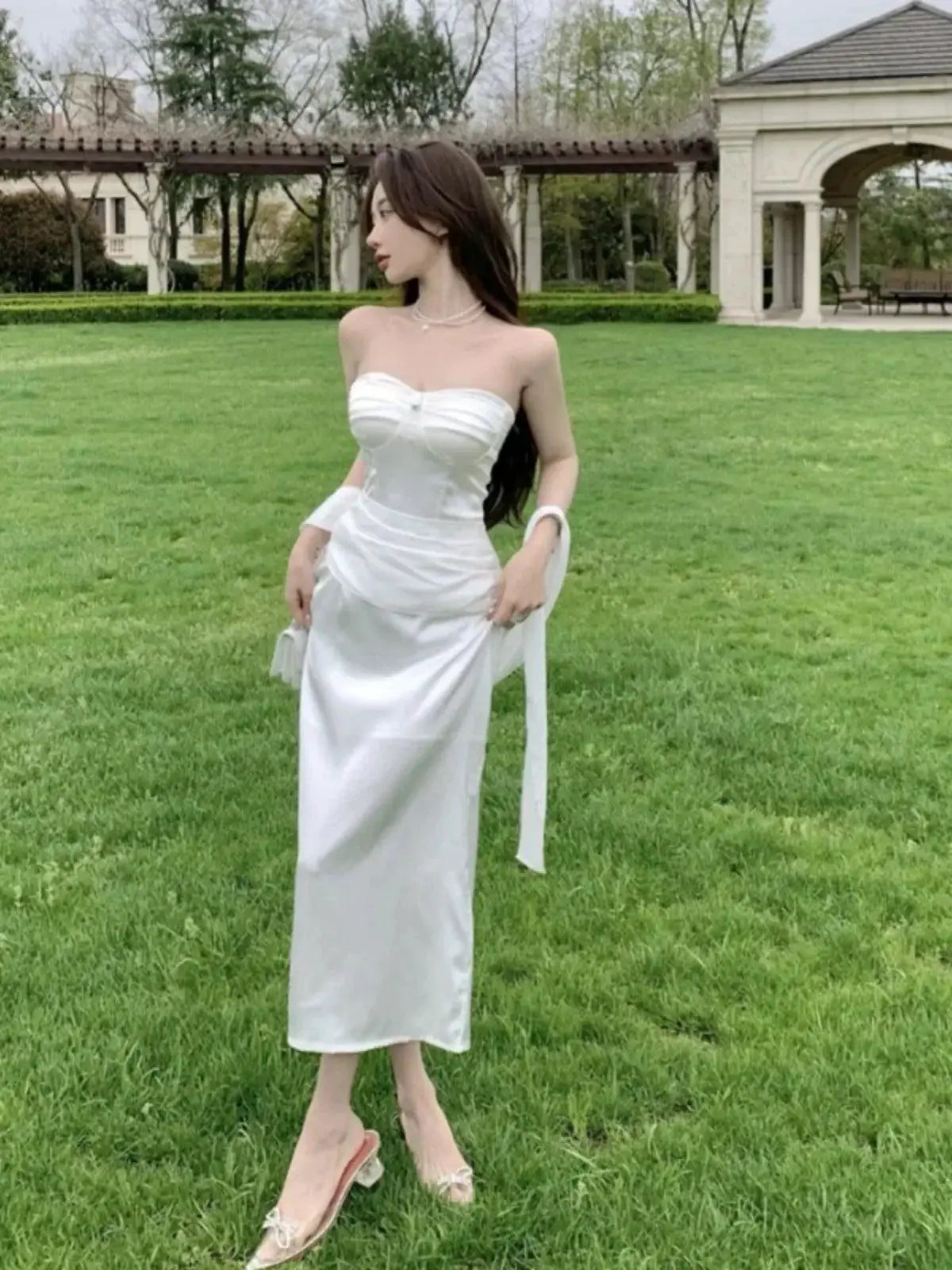 White Silky Satin Off Shoulder Dress Elegant Banquet Attire