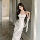 White Silky Satin Off-Shoulder Dress Elegant Banquet Attire