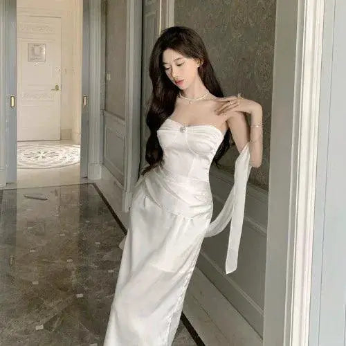 White Silky Satin Off Shoulder Dress Elegant Banquet Attire