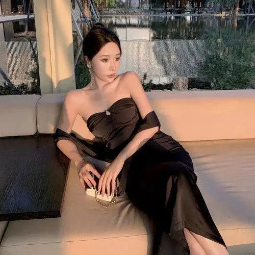White Silky Satin Off Shoulder Dress Elegant Banquet Attire